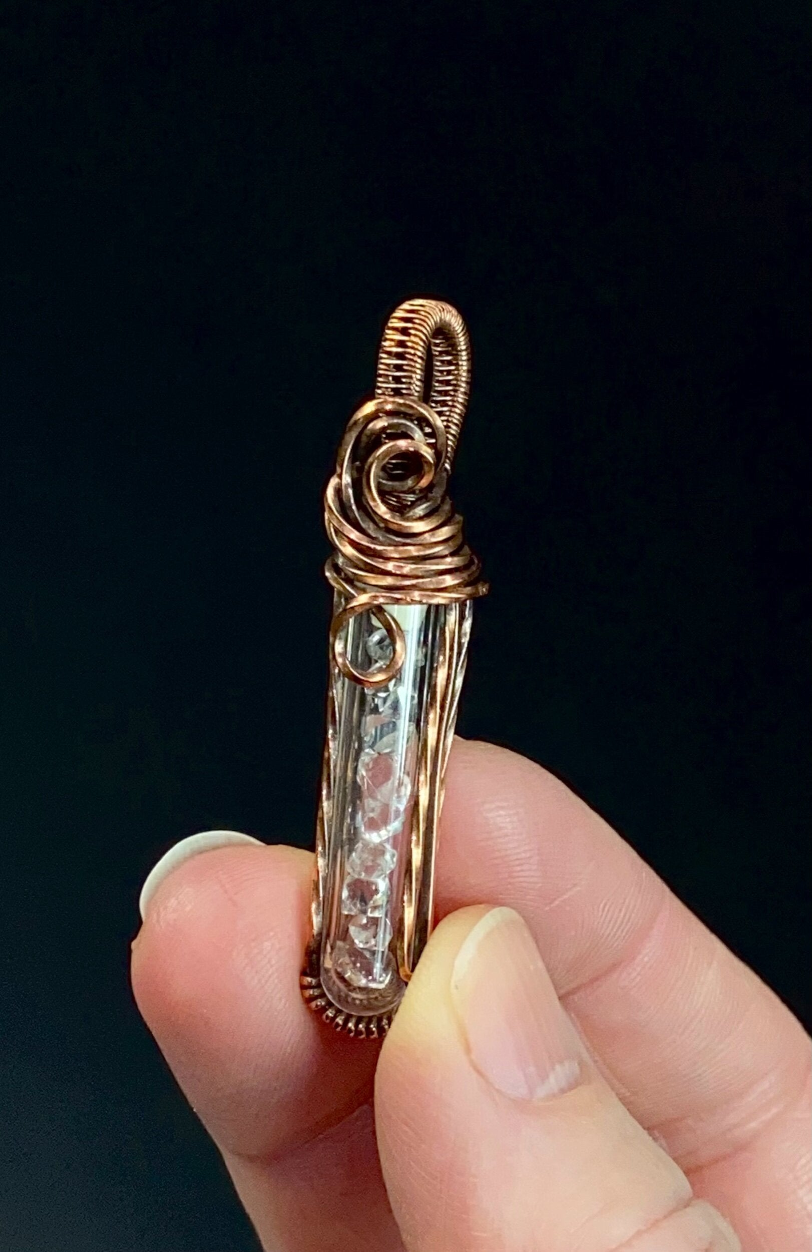 Herkimer "Diamond" Quartz Crystals in Glass Vial & Copper Wire Wrapped Pendant