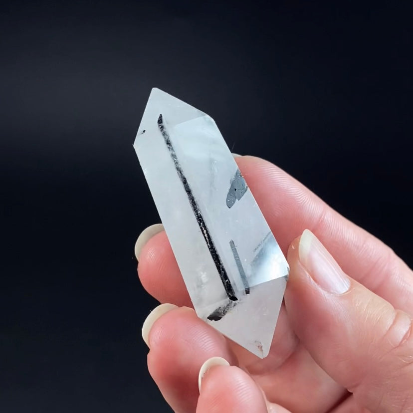 Clear Polished Double Terminated Quartz Crystal with Black Tourmaline Inclusions