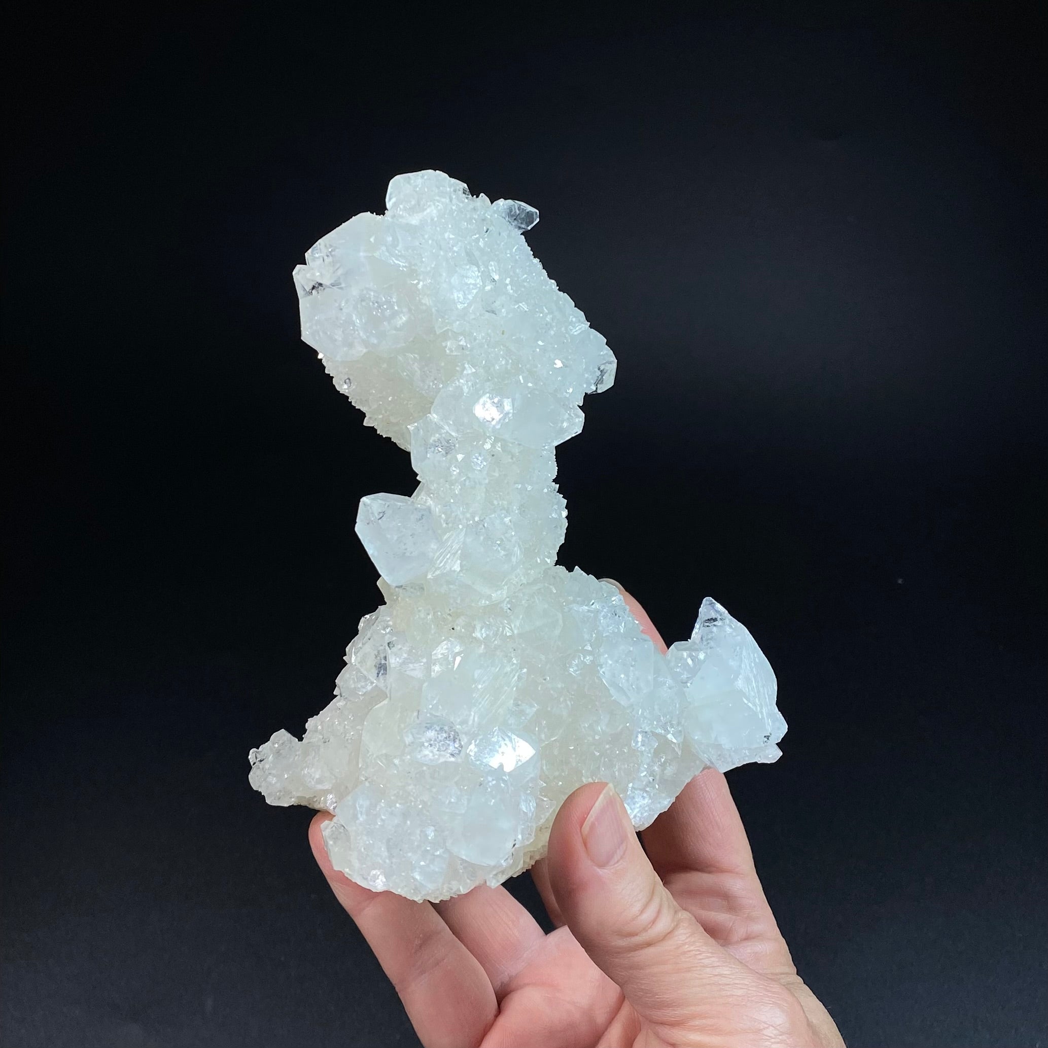 Clear Apophyllite Stalactite Formation Cluster with Fluorescent Calcite Core