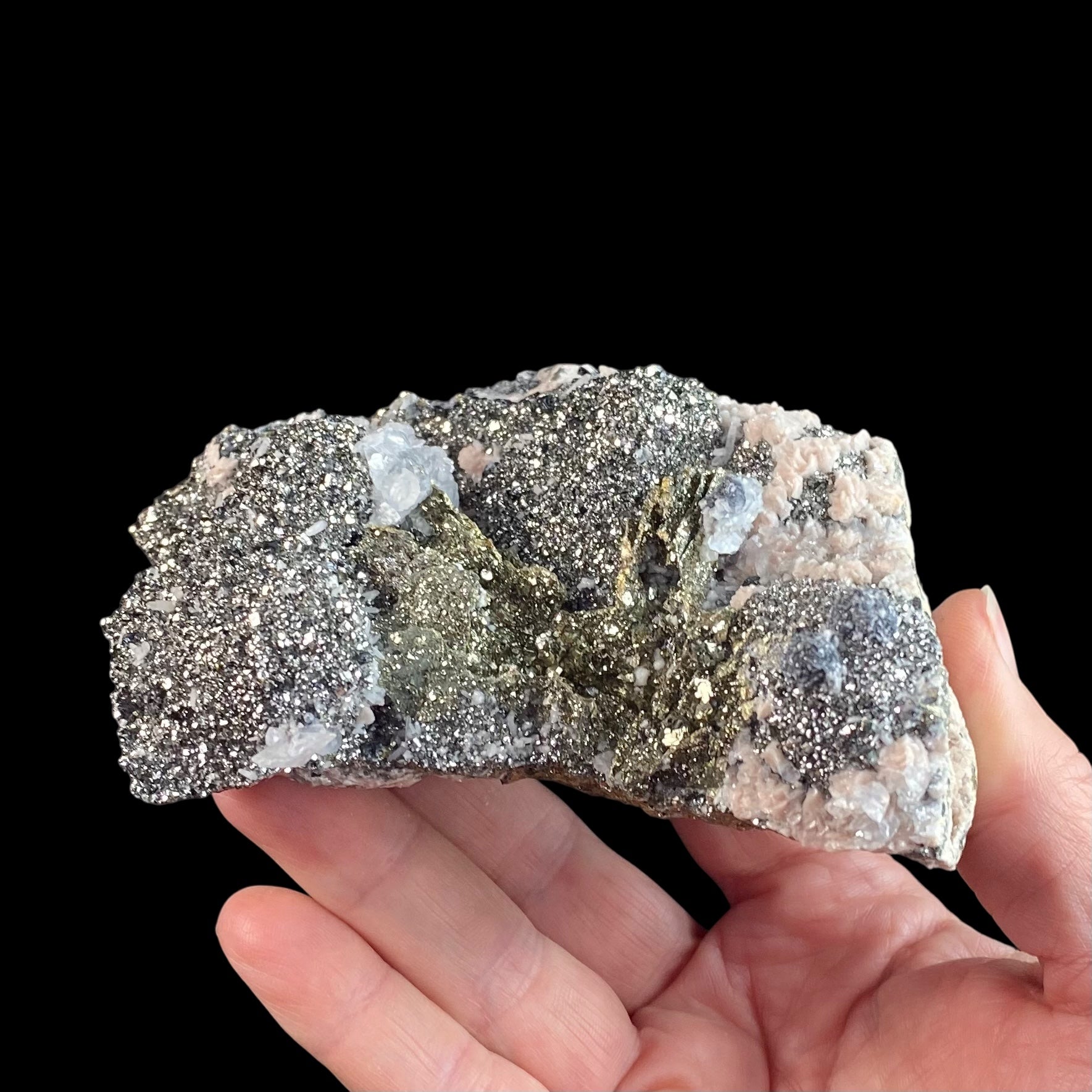 Rhodochrosite Rosettes on Arsenopyrite, with Sphalerite, Pyrite After Pyrrhotite, Milky Quartz Crystals  & Calcite from Trepça Mines, Kosovo
