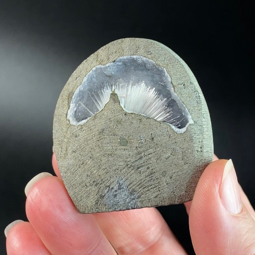 Scolecite Spray with Quartz & Stilbite in Trimmed Basalt Geode Pocket