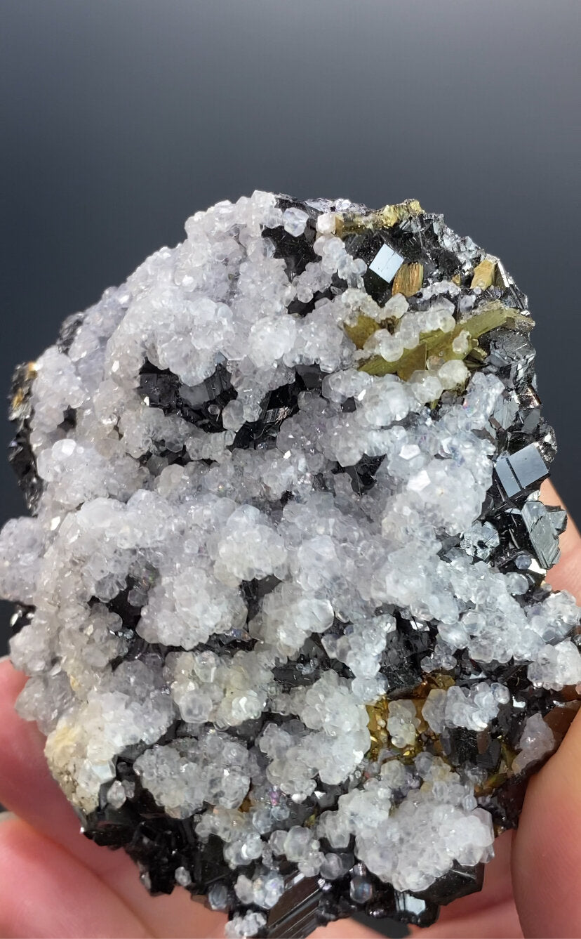 Sphalerite Crystal Cluster with Fluorescent Calcite, Chalcopyrite from Trepça Mines