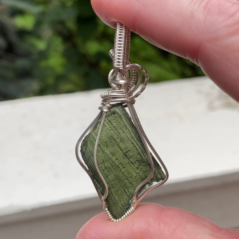 Genuine Moldavite Wire Wrapped Pendant in Sterling Silver Wire