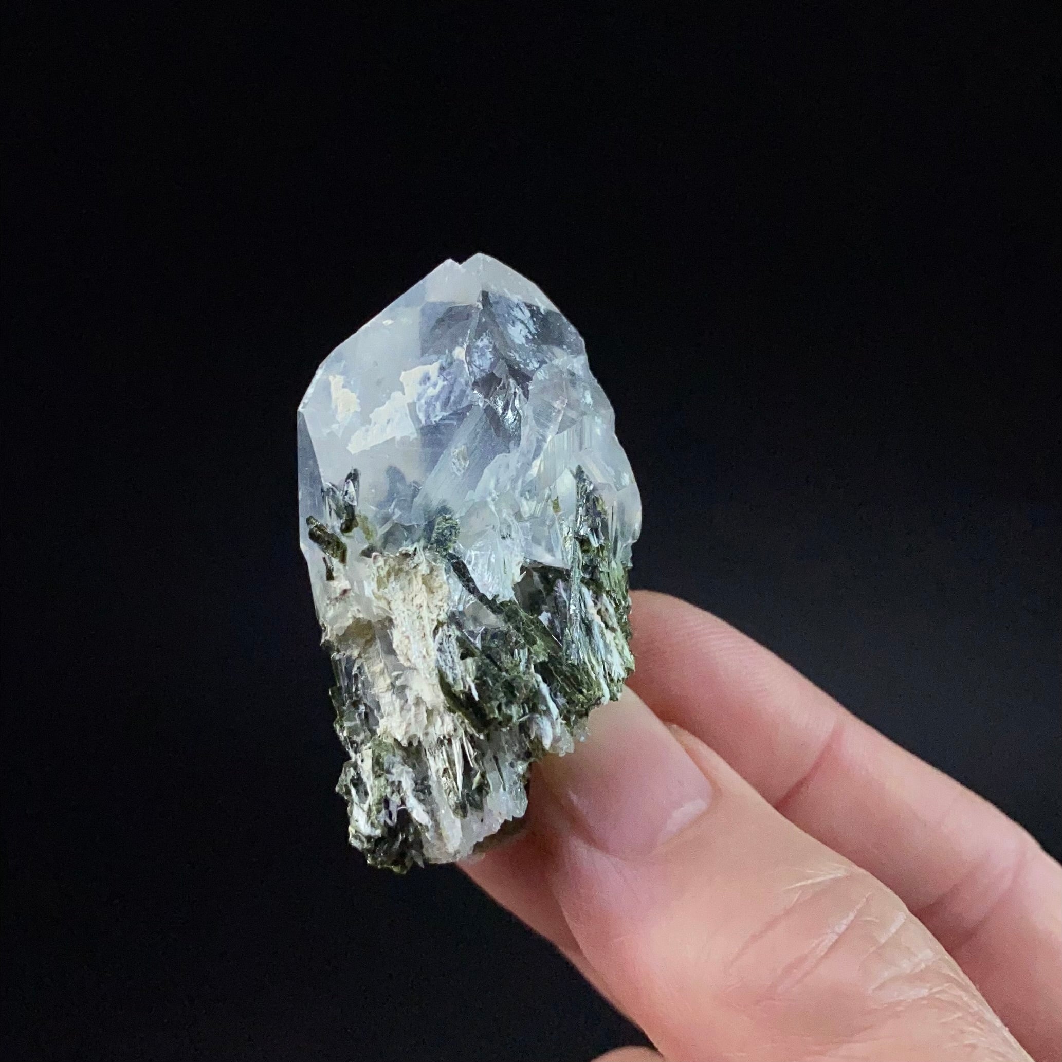 Quartz Crystal with Dark Green Epidote Crystals and Twin Terminations
