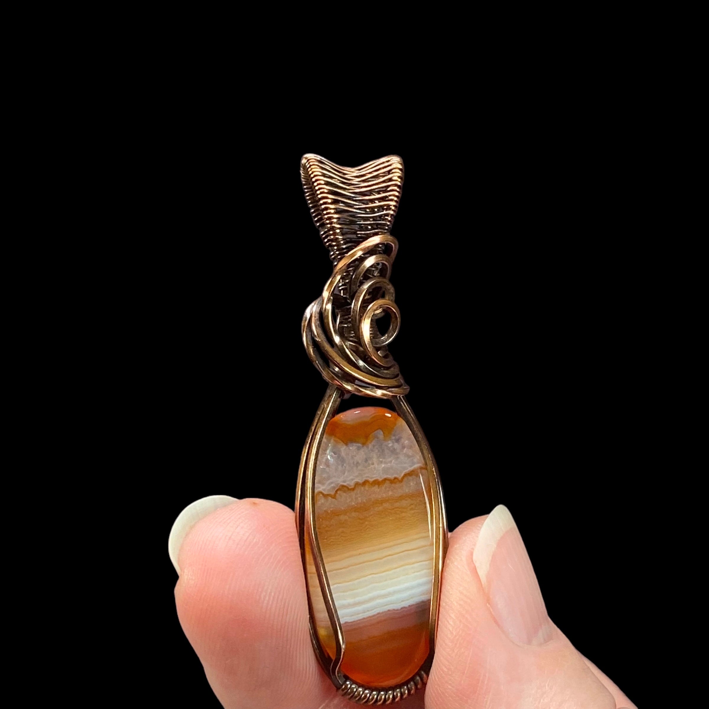 Carnelian Banded Agate & Copper Wire Wrapped Pendant - Natural Stone / Crystal Jewelry