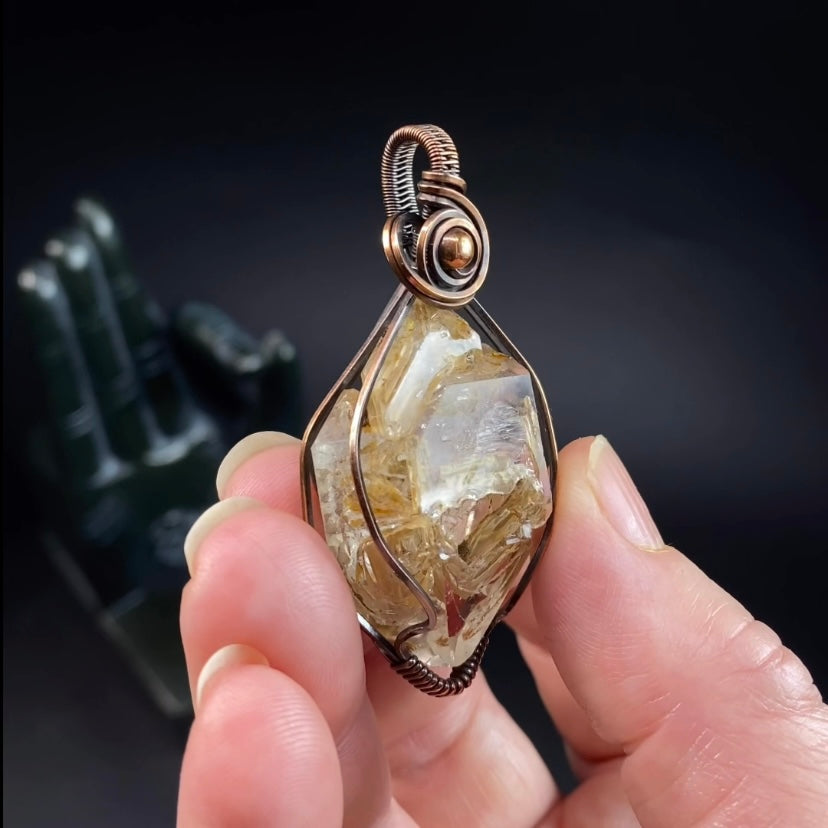 Fluorescent Skeletal Fenster Quartz & Copper Wire Wrapped Pendant
