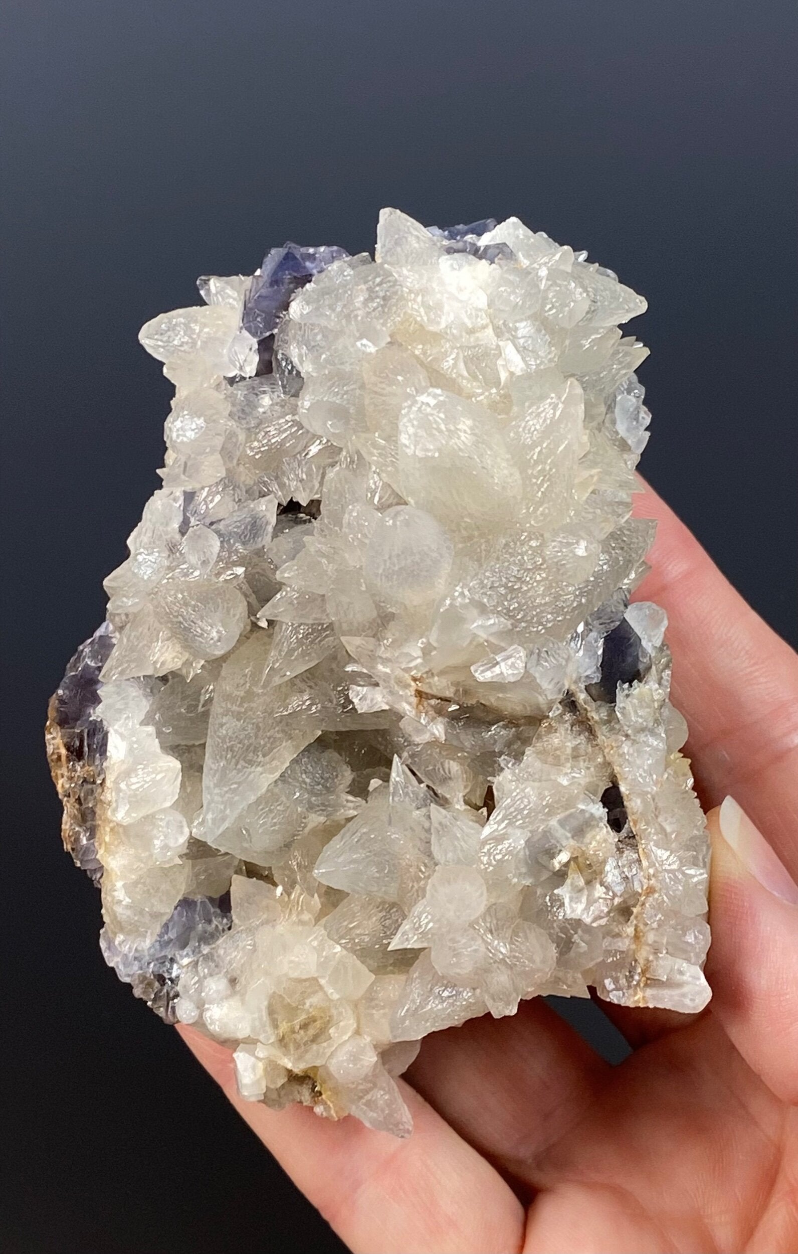 Dog Tooth Calcite Cluster on Blue / Purple Fluorite Matrix - UV Reactive - Fluorescent 365 nm Long Wave