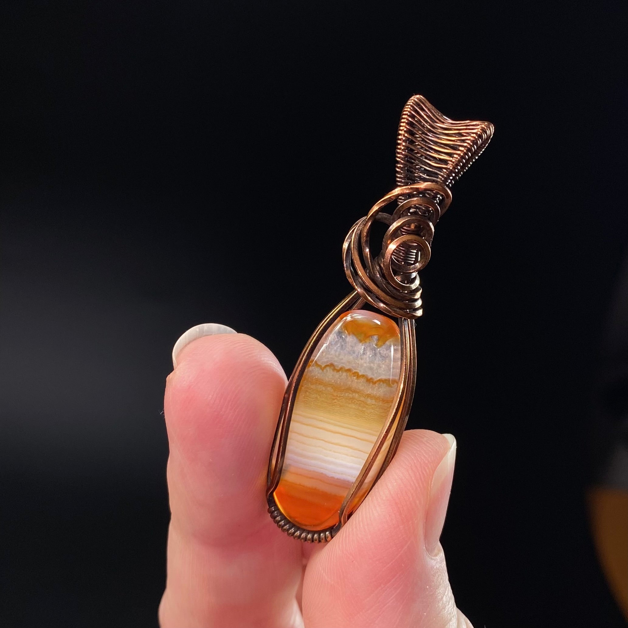 Carnelian Banded Agate & Copper Wire Wrapped Pendant