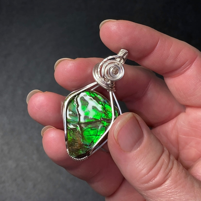 Canadian Ammolite and Sterling Silver Wire Wrapped Pendant