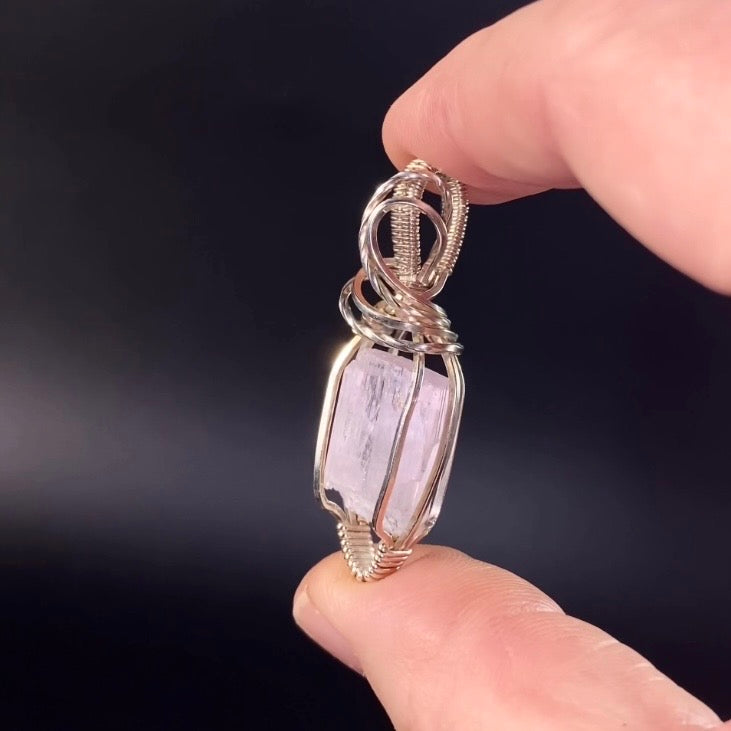 Pink Spodumene Kunzite & Sterling Silver Wire Wrapped Pendant - Fluorescent