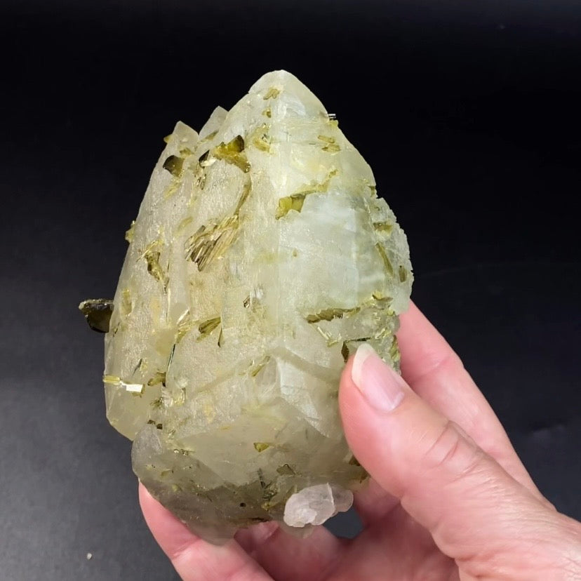 Double Terminated Scalenohedral Dog Tooth Calcite Crystal with Epidote