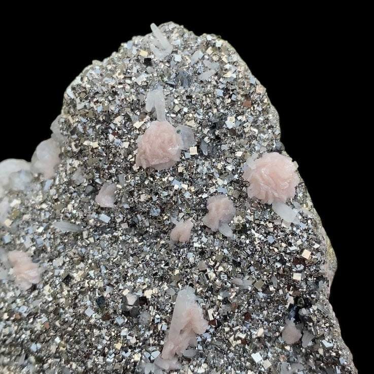 Rhodochrosite Rosettes on Arsenopyrite, with Sphalerite, Pyrite, Boulangerite, Milky Quartz Crystals  & Calcite from Trepça Mines, Kosovo