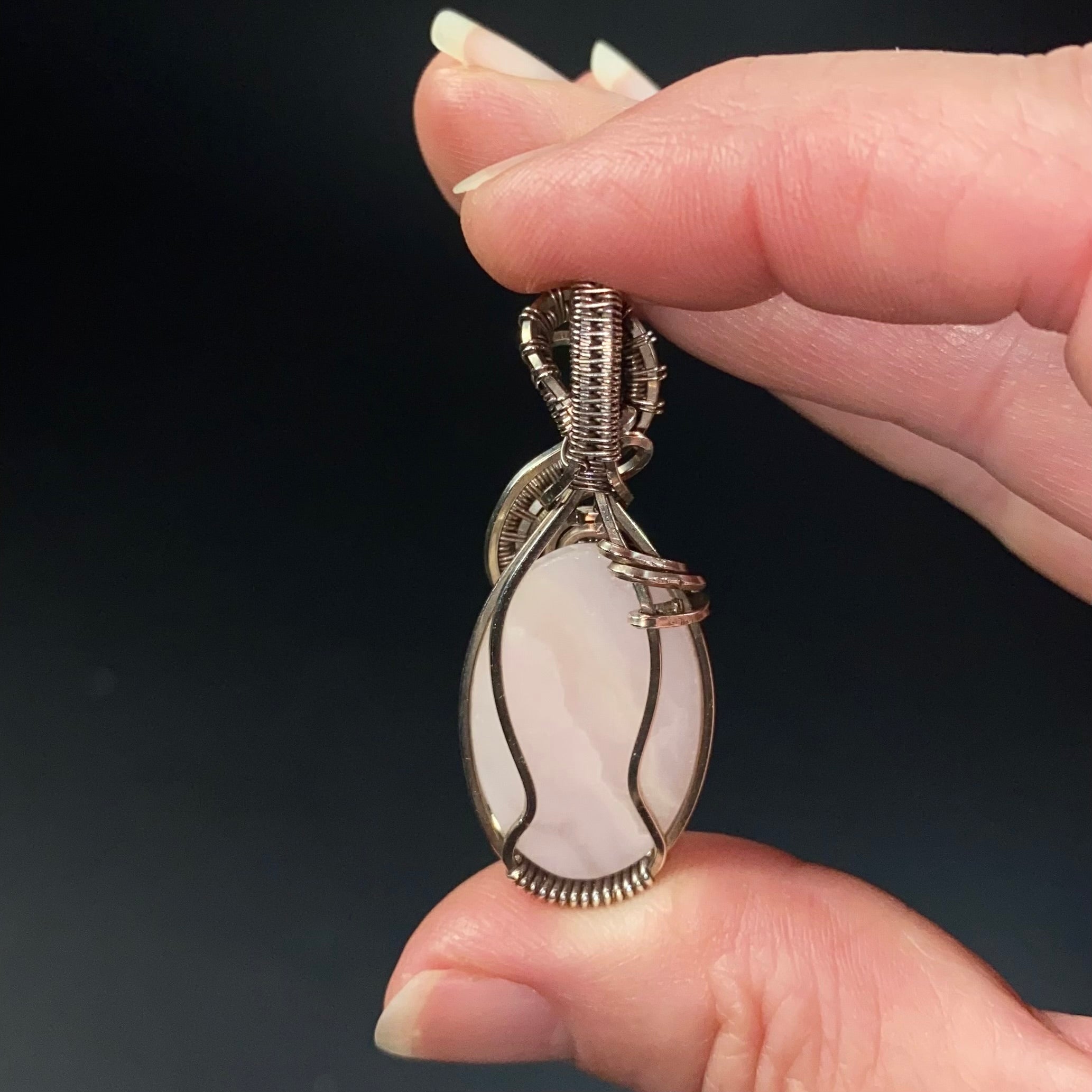 Fluorescent Mangano Calcite & Sterling Silver Wire Wrapped Pendant