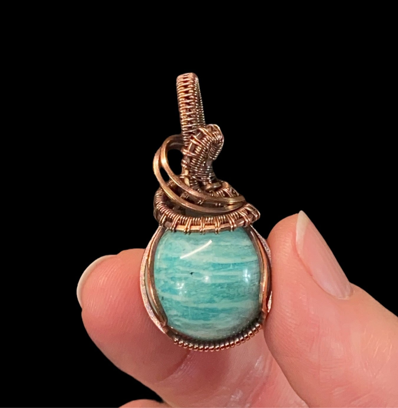 Amazonite Sphere and Copper Handmade Wire Wrapped Pendant