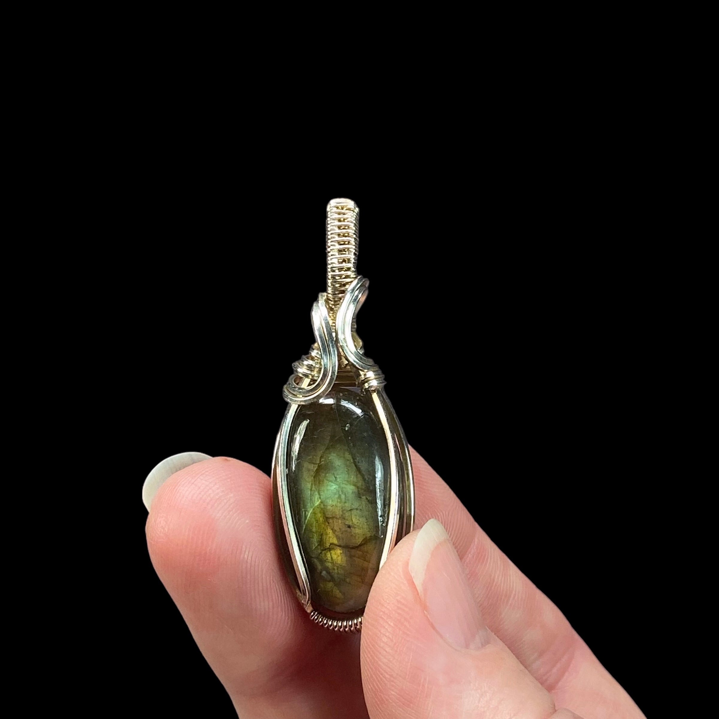 Green, Yellow Flash Labradorite & Sterling Silver Wire Wrapped Pendant