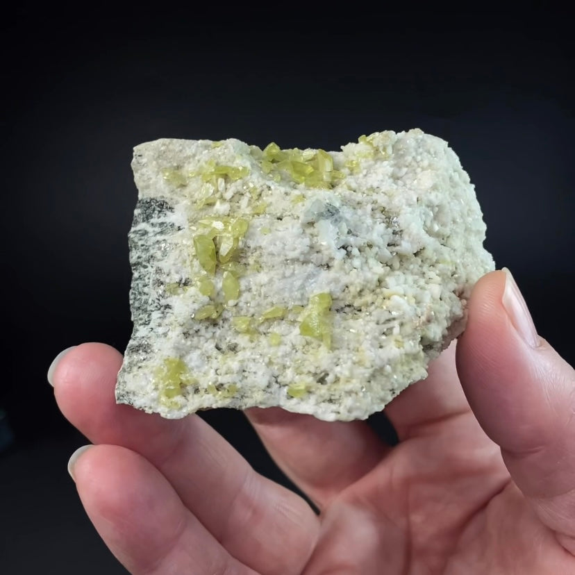 Yellow Colored Titanite Crystals on Albite and Colusite Matrix