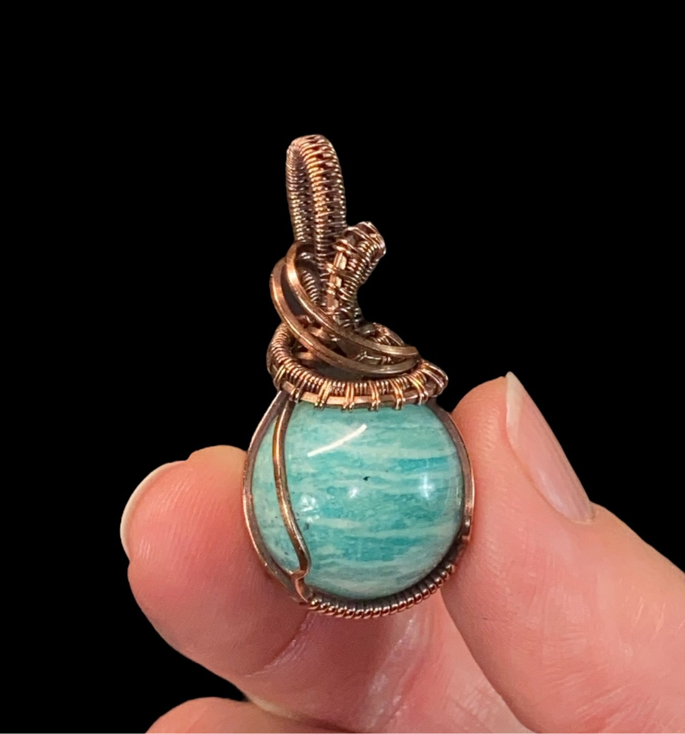 Amazonite Sphere and Copper Handmade Wire Wrapped Pendant