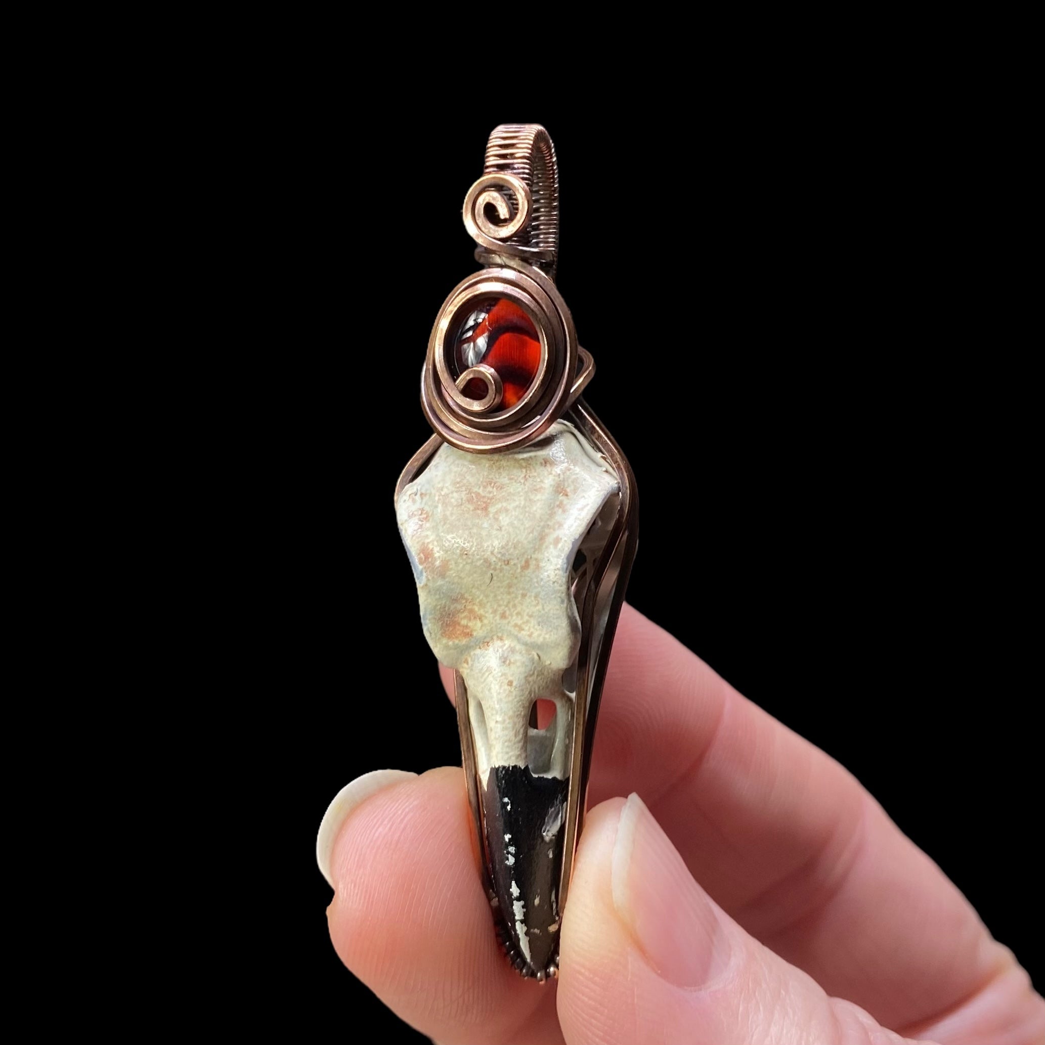 Resin Raven Skull & Spiral Copper Wire Wrapped Pendant