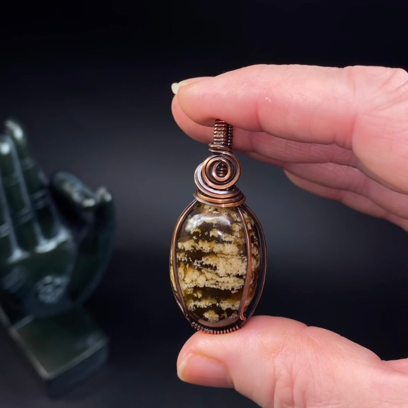 Sumatran Zebra Amber and Copper Wire Wrapped Pendant
