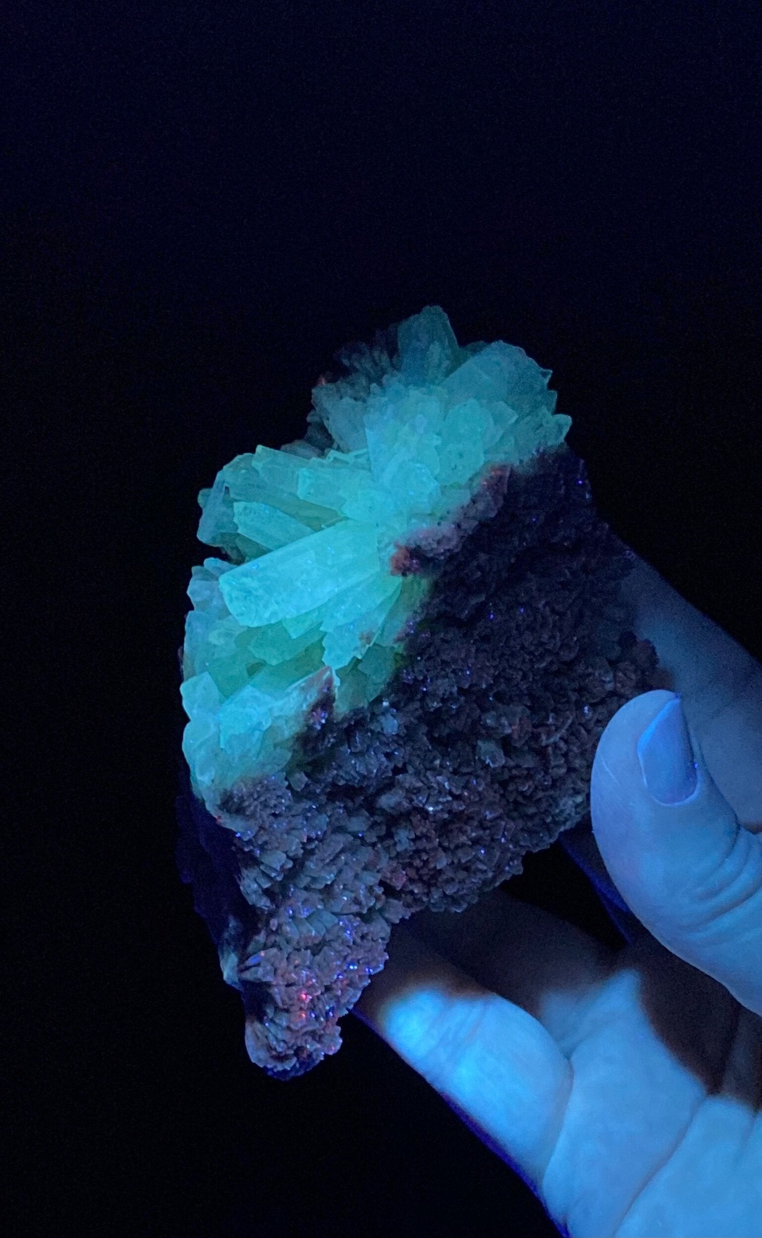 Green & Brown Radiating Aragonite Cluster - Green Areas Phosphorescent