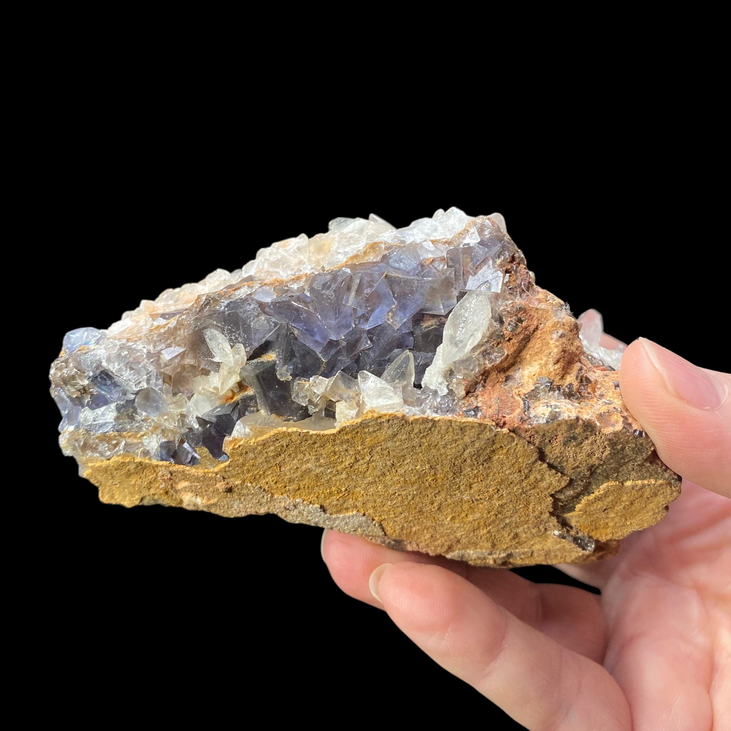 Dog Tooth Calcite on Blue Purple Fluorite Matrix, UV Reactive, Fluorescent