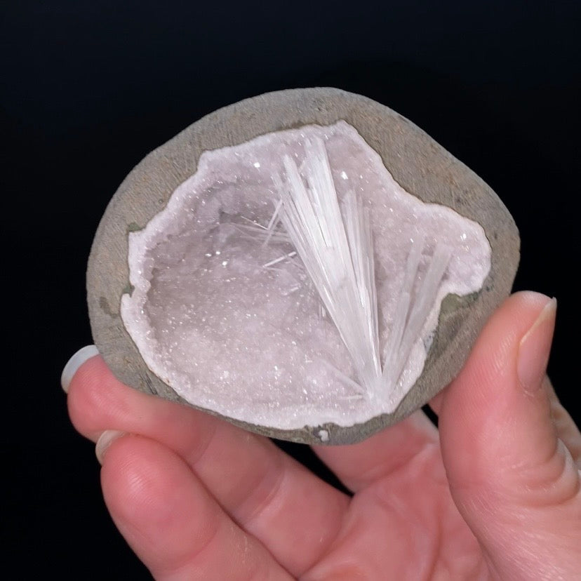 Radiating Scolecite Crystals with Quartz in Trimmed Basalt Pocket
