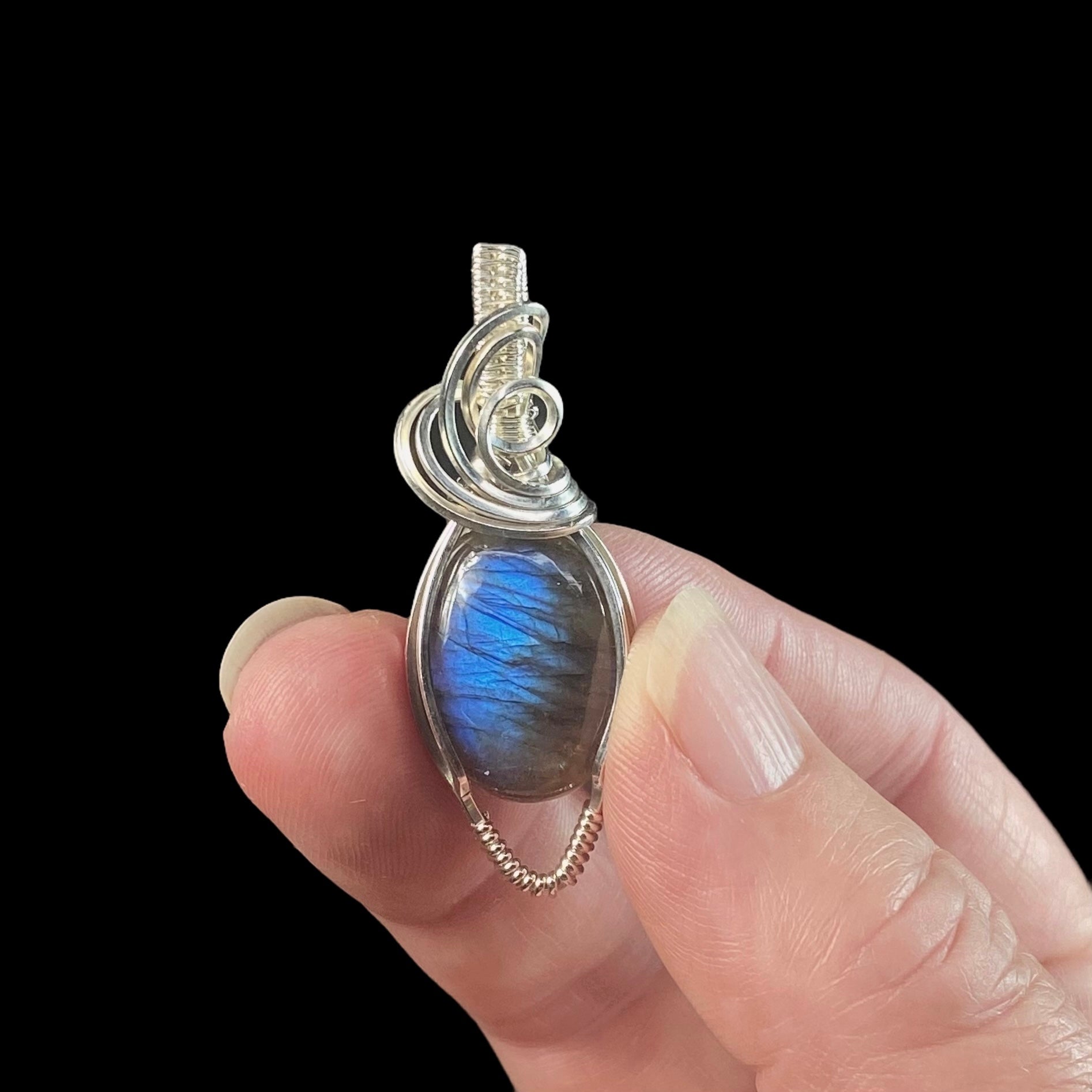 Blue Flash Labradorite and Sterling Silver Wire Wrapped Pendant, Natural Stone Crystal Jewelry
