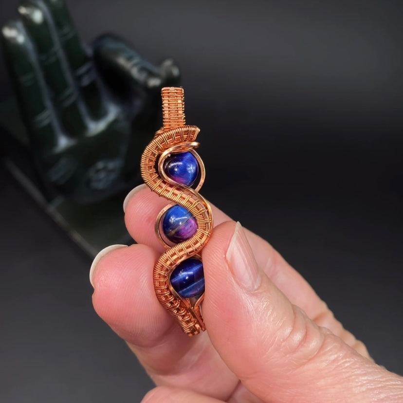 Blue & Pink Chatoyant Tiger Eye Wire Wrapped Pendant in Raw Copper