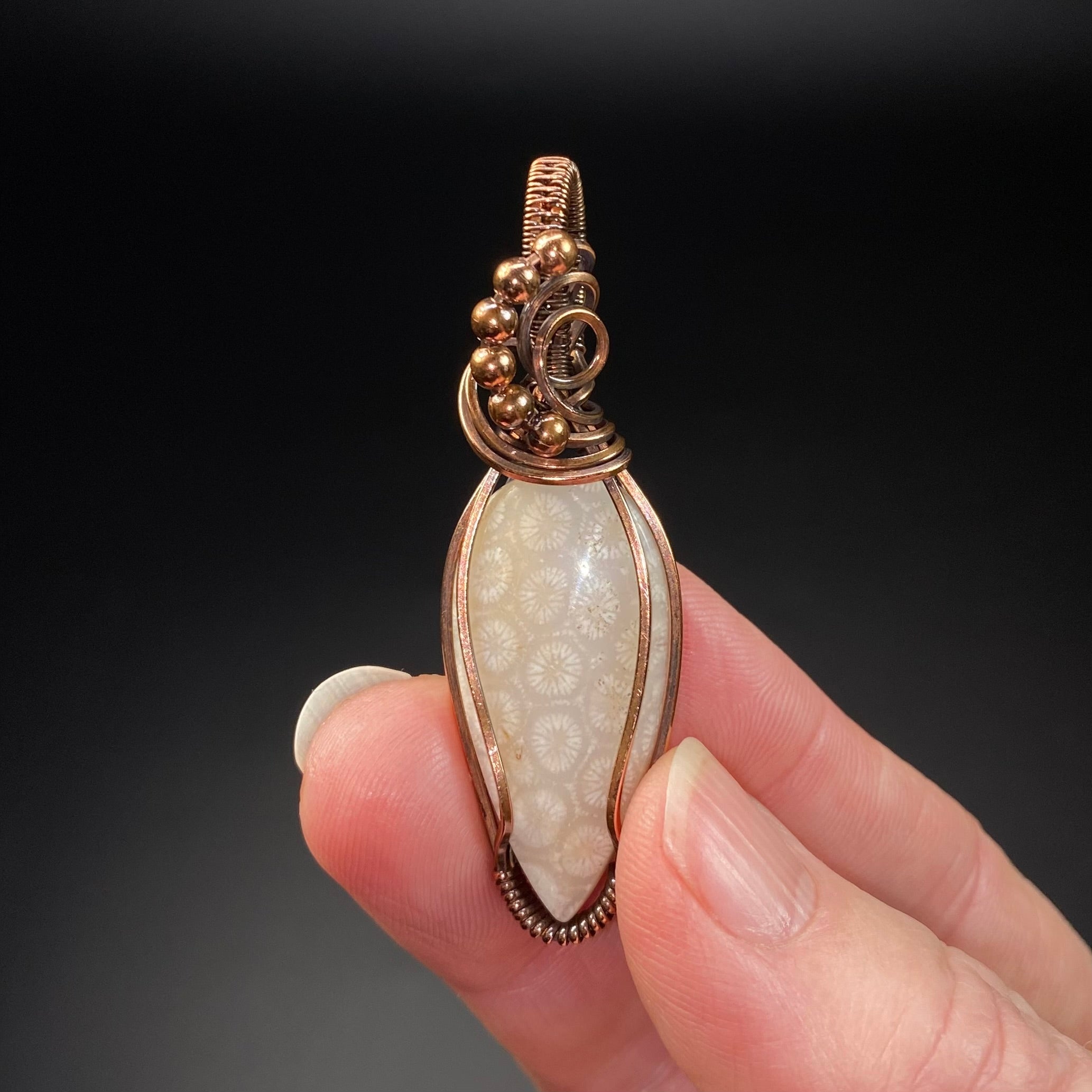 Fossilized Coral Cabochon & Copper Wire Wrapped Pendant