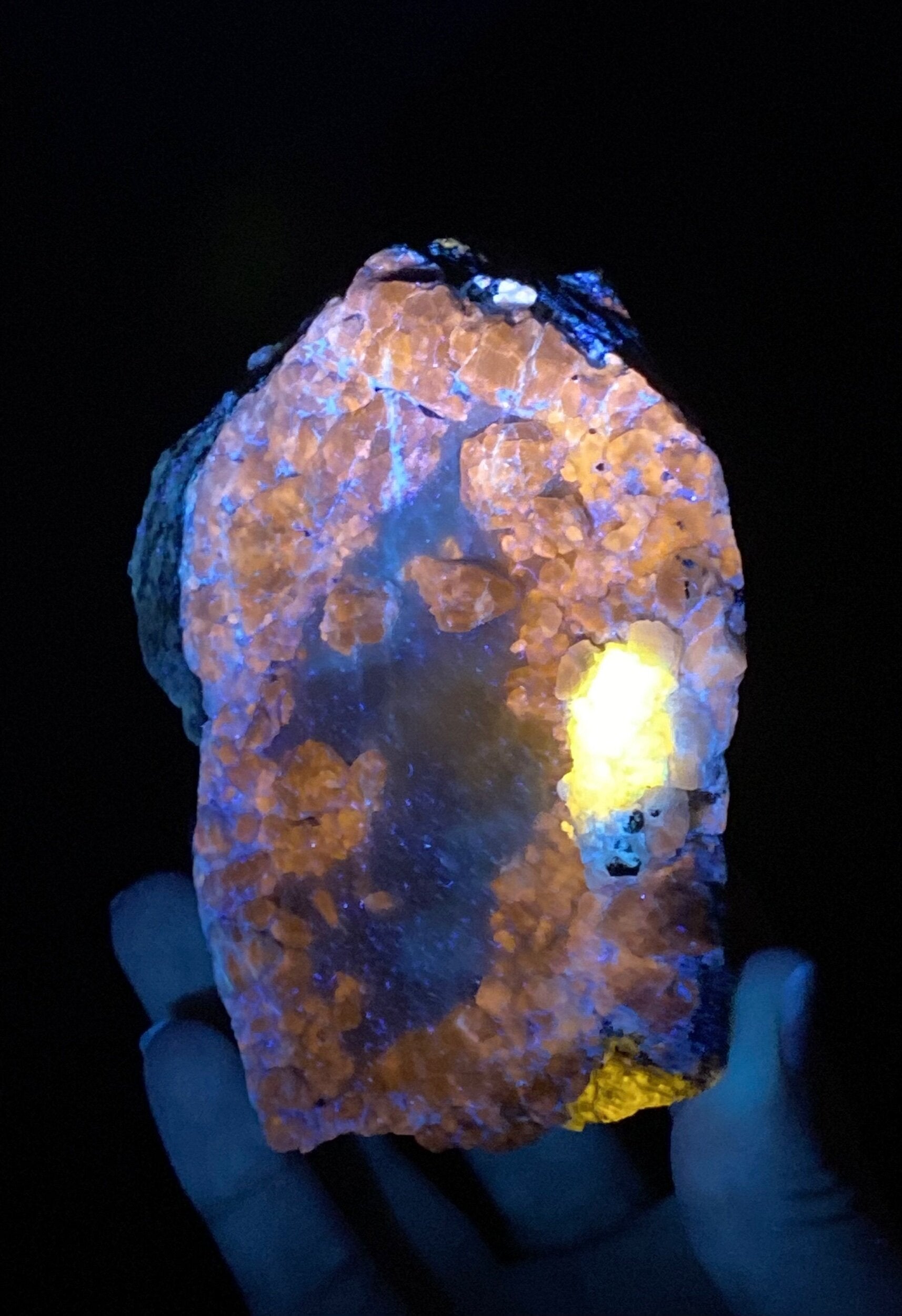 Fluorescent Afghanite Crystals and Pyrite on Calcite-Marble Matrix from Badakhshan, Afghanistan