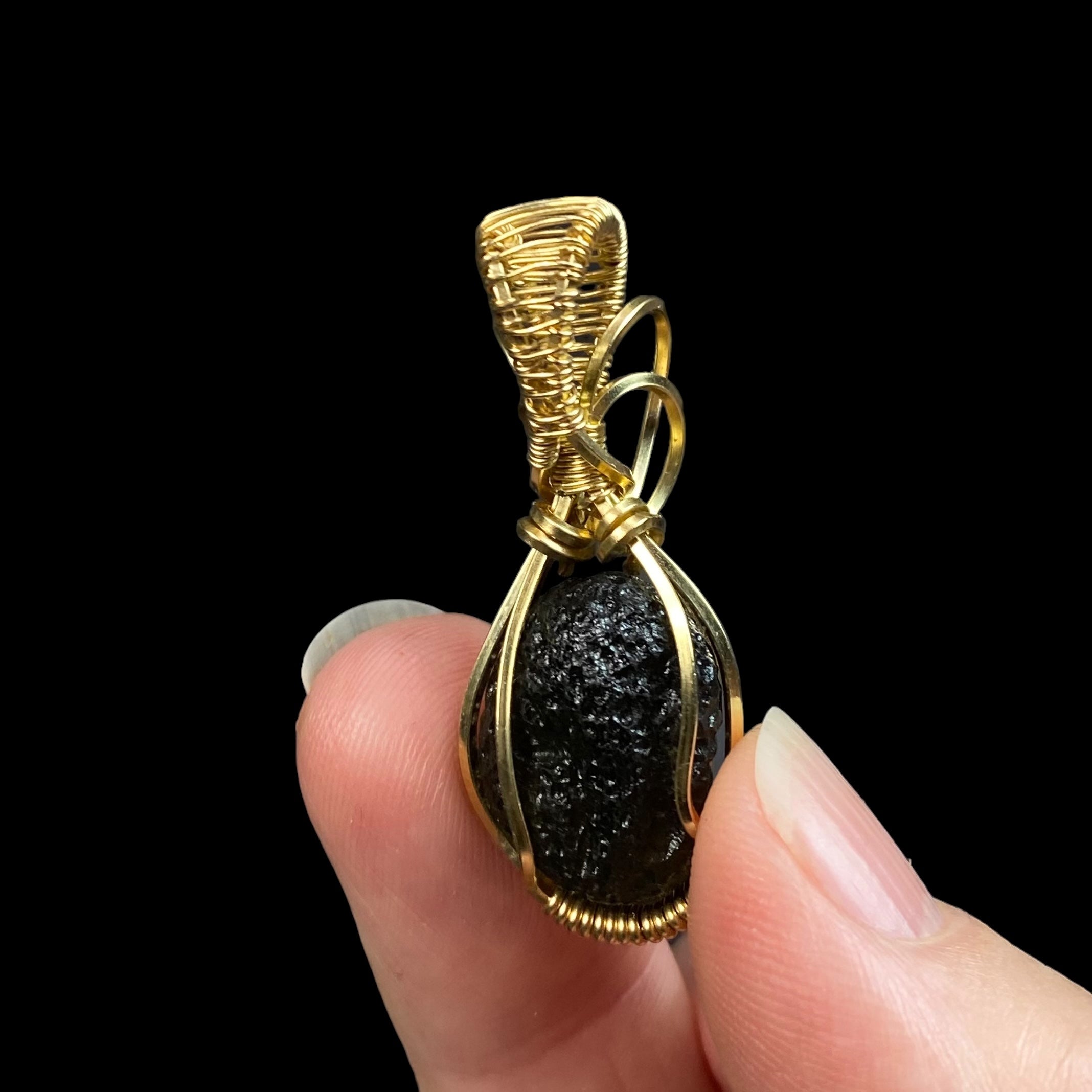 Chlum Moldavite Crystal Wire Wrap Pendant - 14k Gold Filled Wire