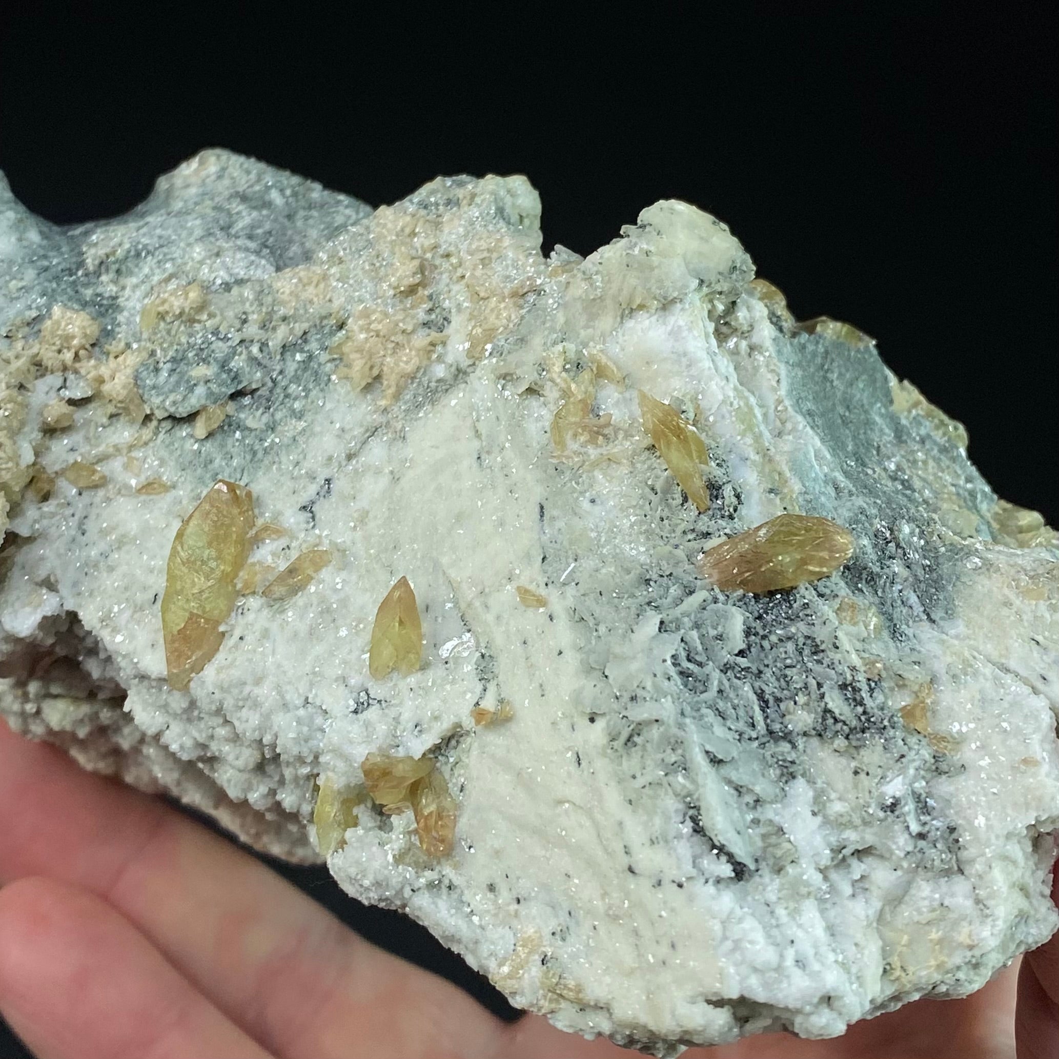 Yellow Colored Titanite Crystals on Albite and Colusite Matrix