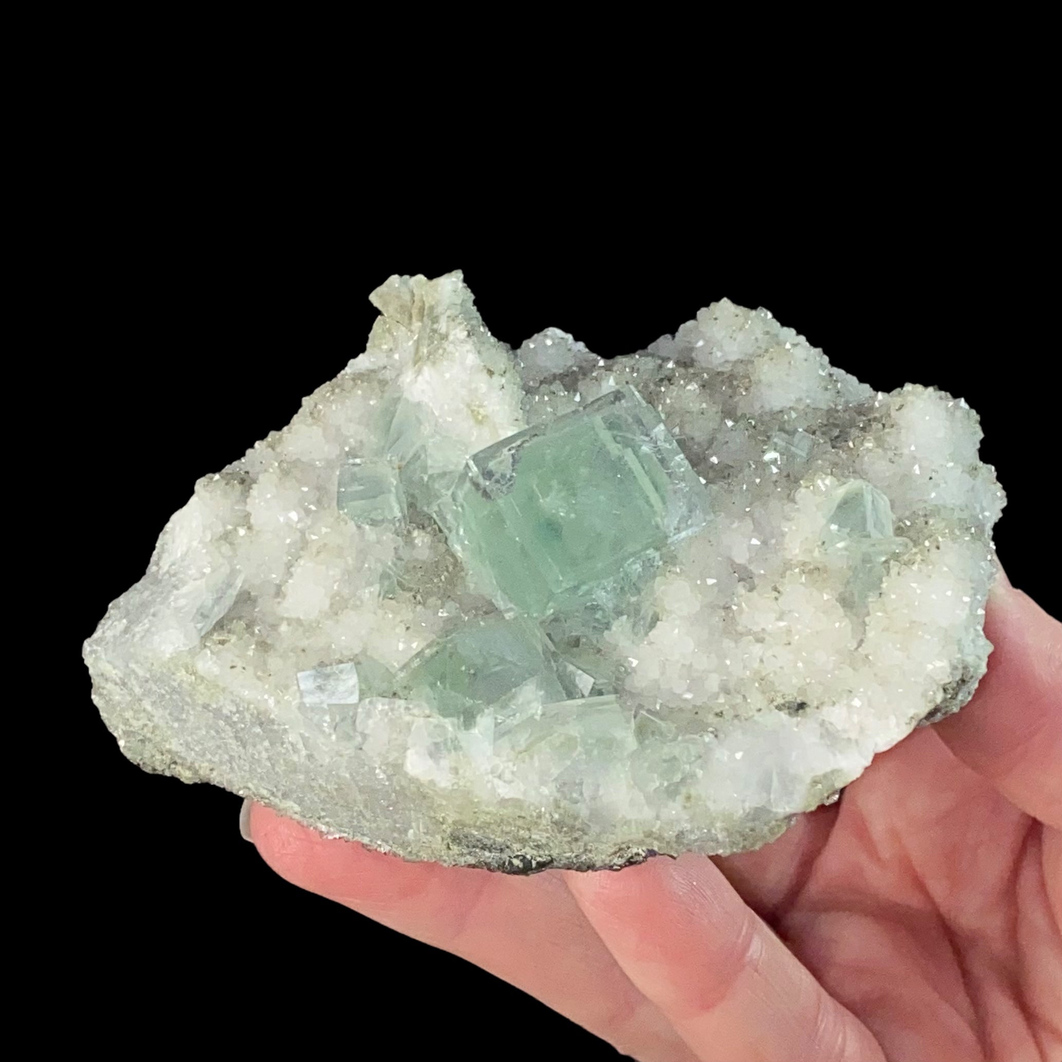 Clear Green Cubic Fluorite on Druzy Quartz, Xianghualing Mine, China