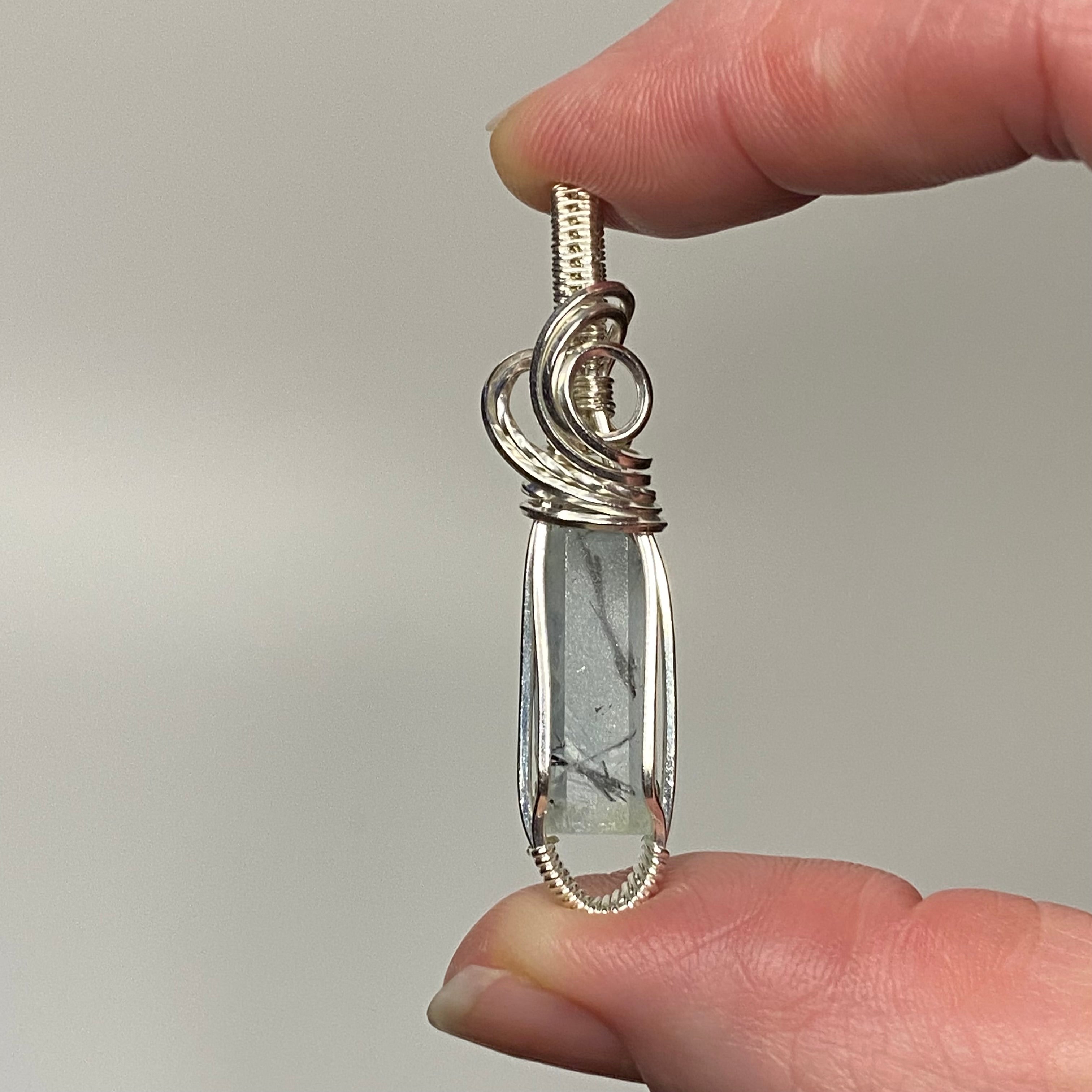 Aquamarine Crystal & Sterling Silver Handmade Wire Wrapped Pendant