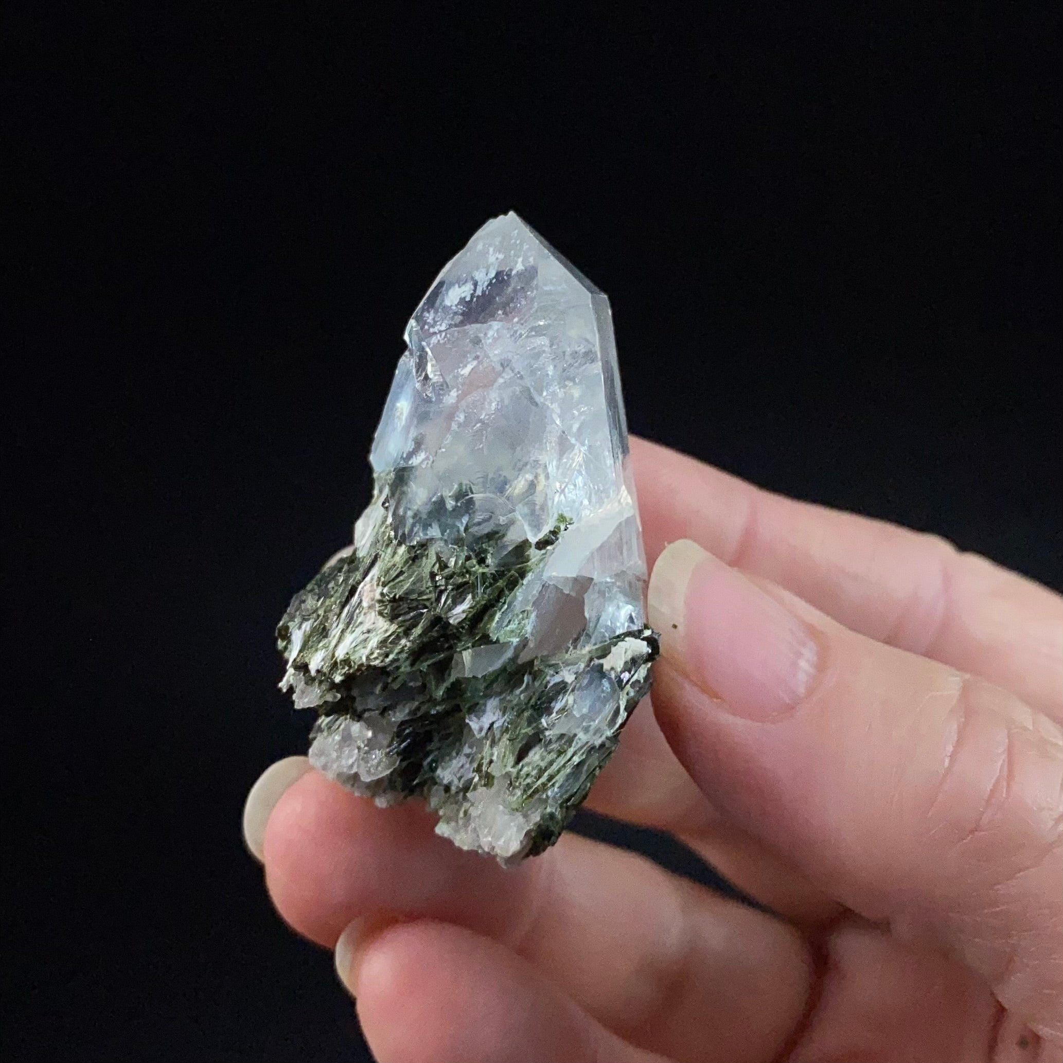 Quartz Crystal with Dark Green Epidote Crystals and Twin Terminations