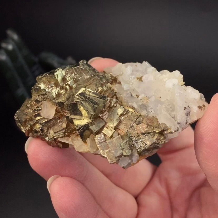 Cubic Pyrite & Fluorescent Calcite Cluster from Trepça Mines, Kosovo