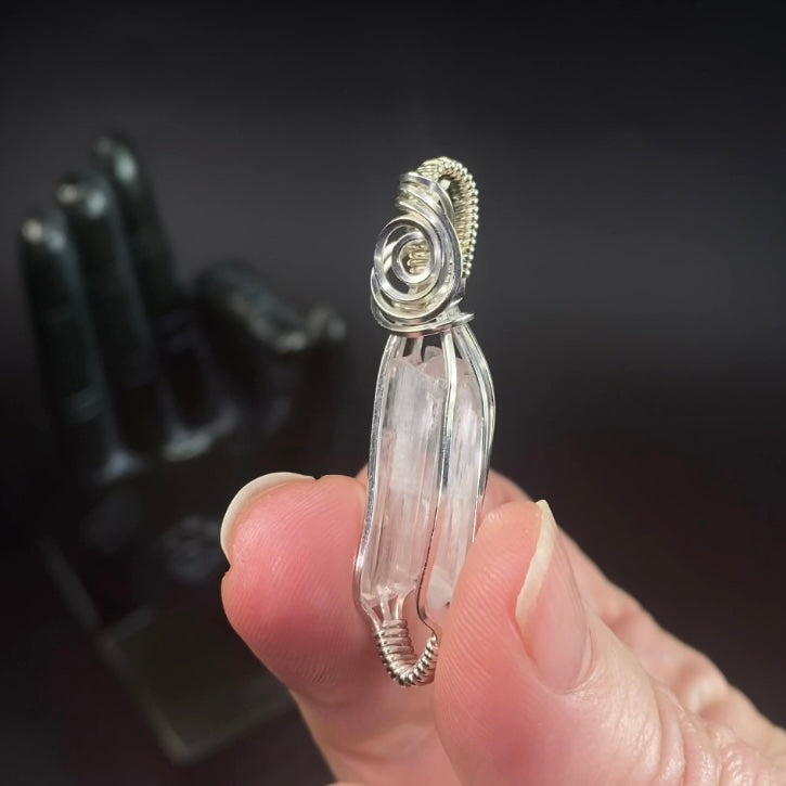 Clear Spodumene Kunzite Crystal & Sterling Silver Wire Wrapped Pendant