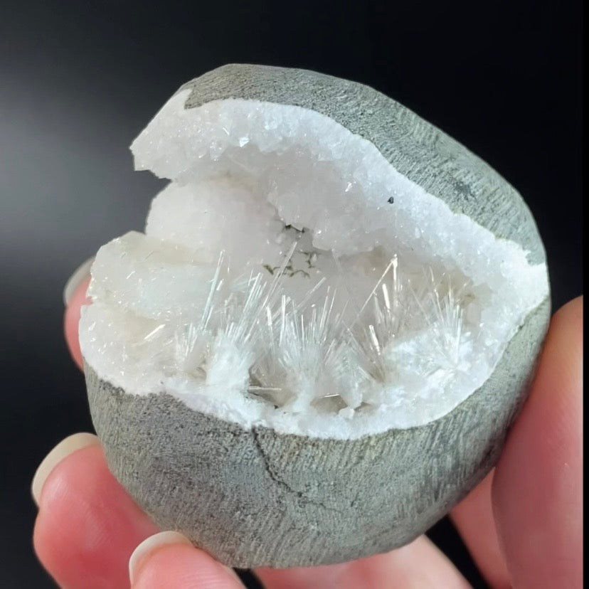 Scolecite Spray with Apophyllite & Stilbite in Trimmed Basalt Geode Pocket