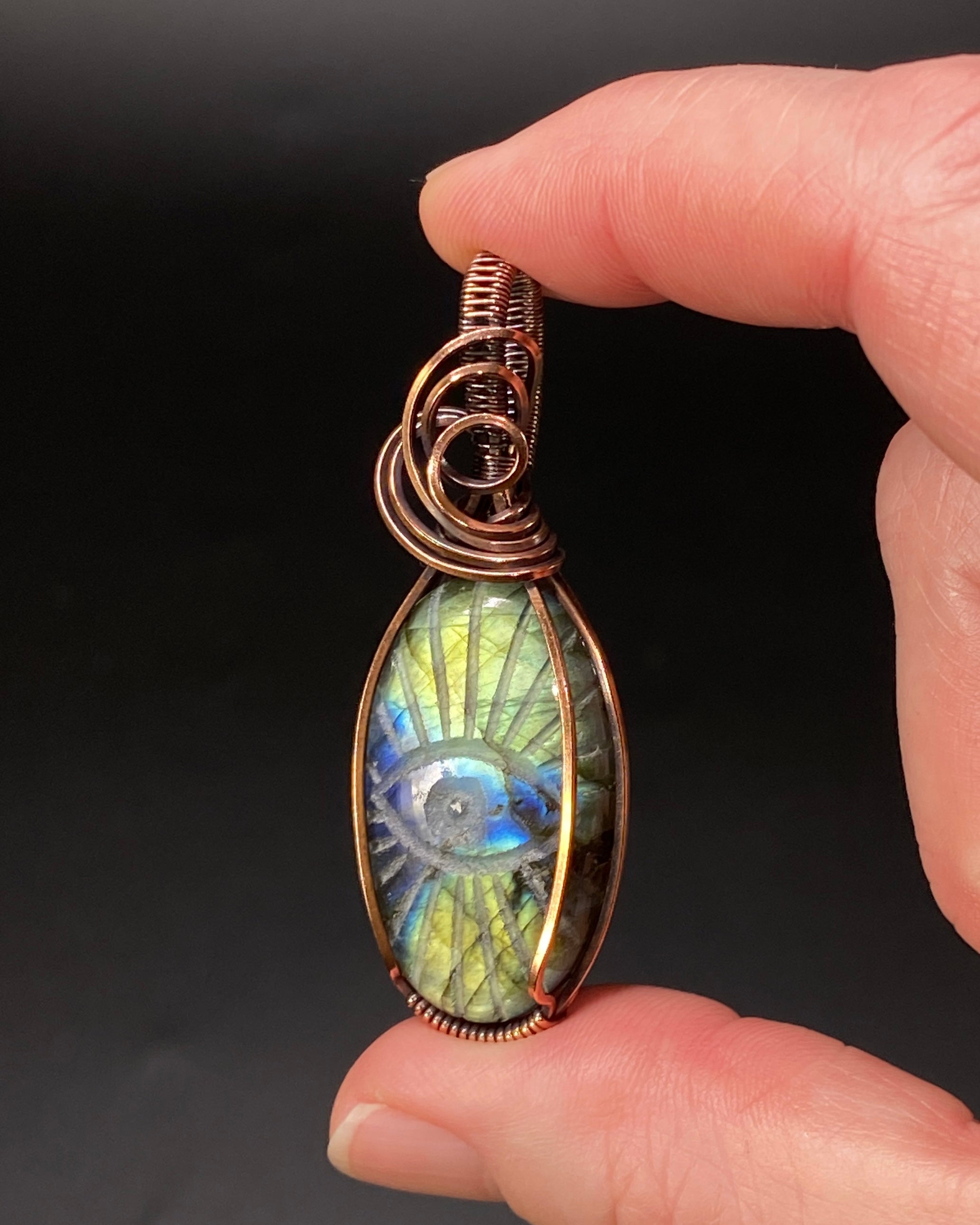 Evil Eye Carved Labradorite Cabochon and Copper Handmade Wire Wrapped Pendant