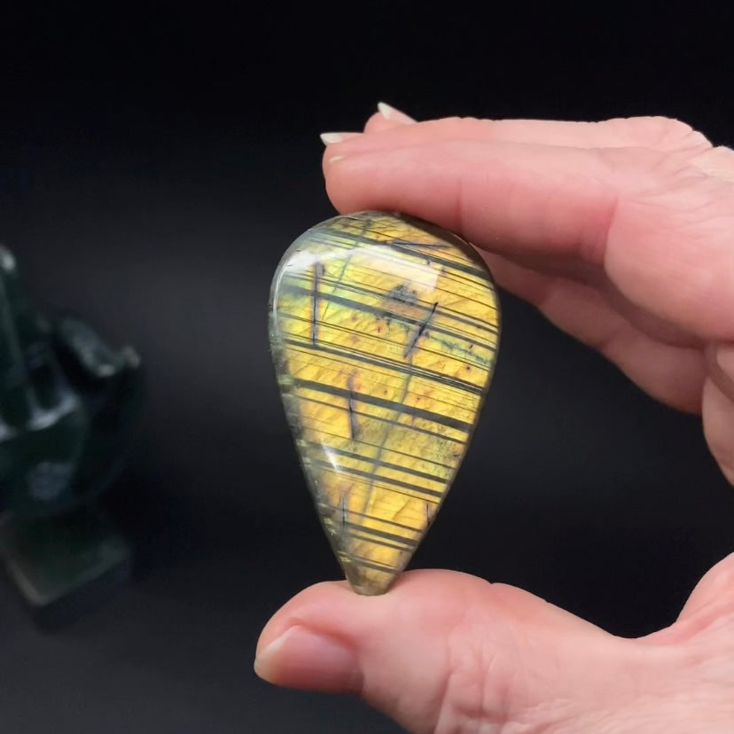 Yellow Orange Flash Teardrop Shaped Labradorite Cabochon