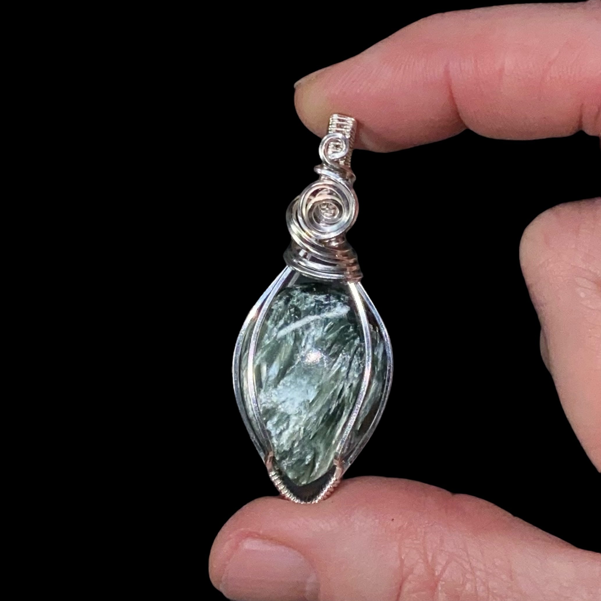 Seraphinite & Sterling Silver Wire Wrapped Pendant - Natural Stone / Crystal Jewelry