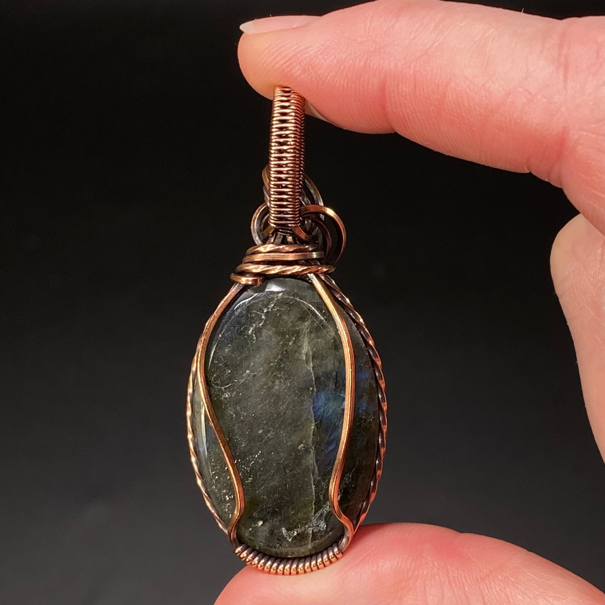 Evil Eye Carved Labradorite Cabochon and Copper Handmade Wire Wrapped Pendant