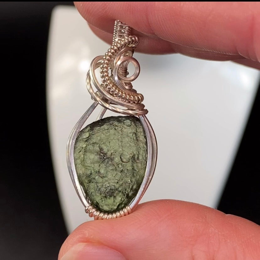 Moldavite Wire Wrapped Pendant in Sterling Silver Wire