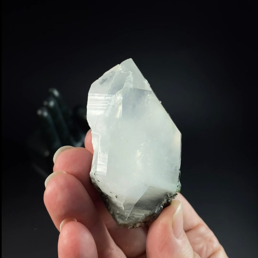 Double Terminated Byssolite Included Quartz Crystal with Dark Green Epidote