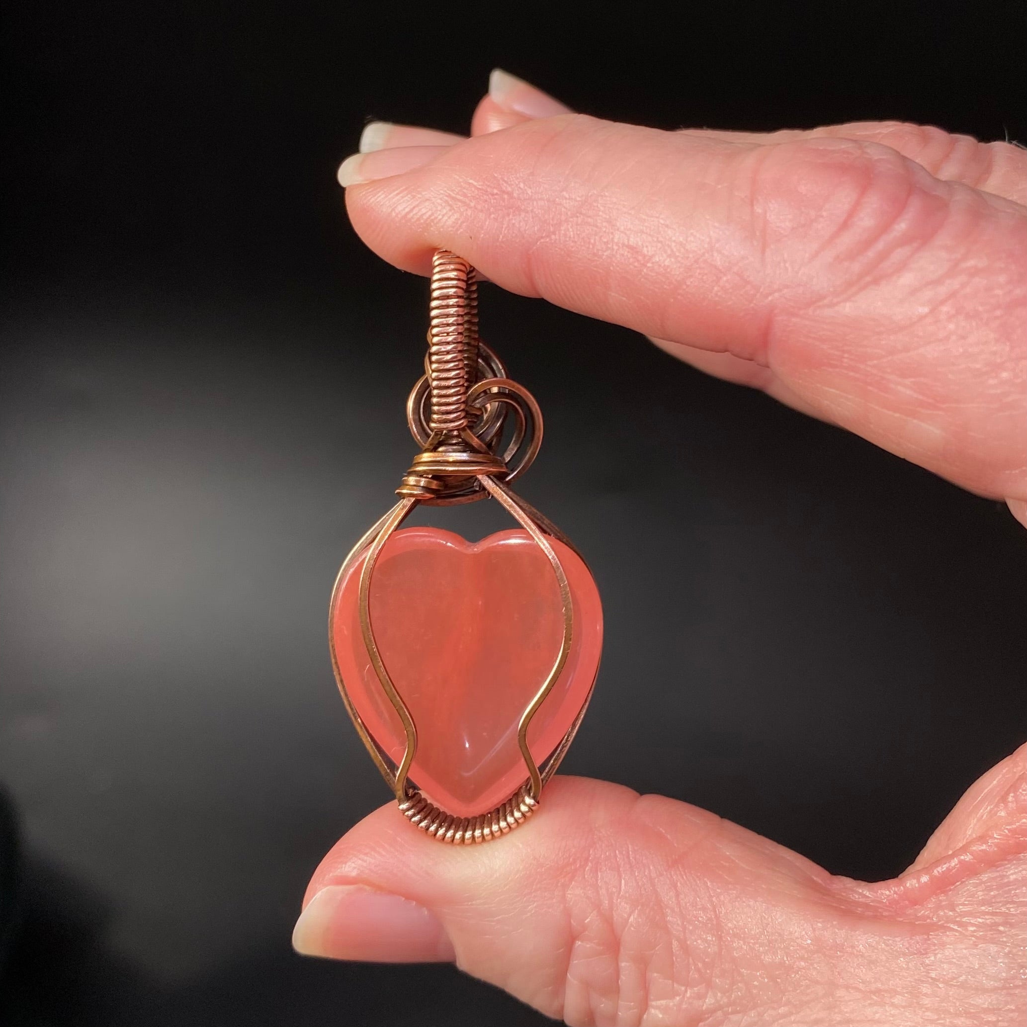 Pink Quartz Heart and Copper Wire Wrapped Pendant