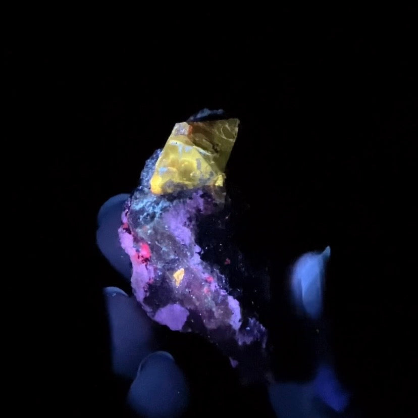 Zircon Crystal with Fluorescent Apatite Inclusions, Biotite-Calcite Aegirine matrix, Astore Valley, Pakistan