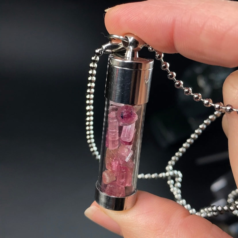 Pink Tourmaline Filled Vial Pendant Necklace