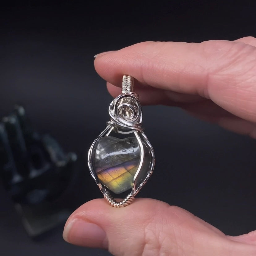 Labradorite Heart and Sterling Silver Wire Wrapped Pendant - Reversible