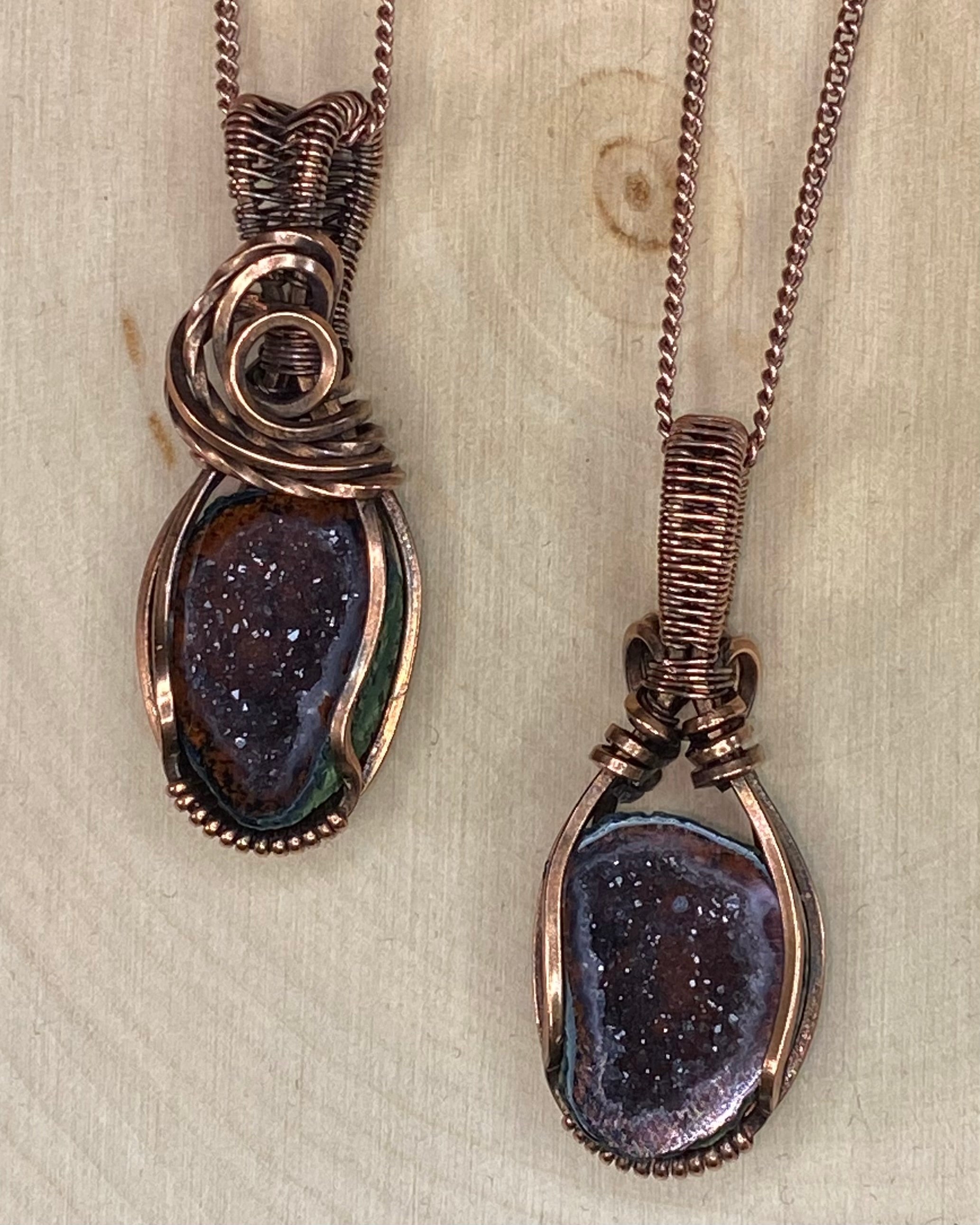 Matching Pair Tabasco Geode & Copper Wire Wrapped Pendants