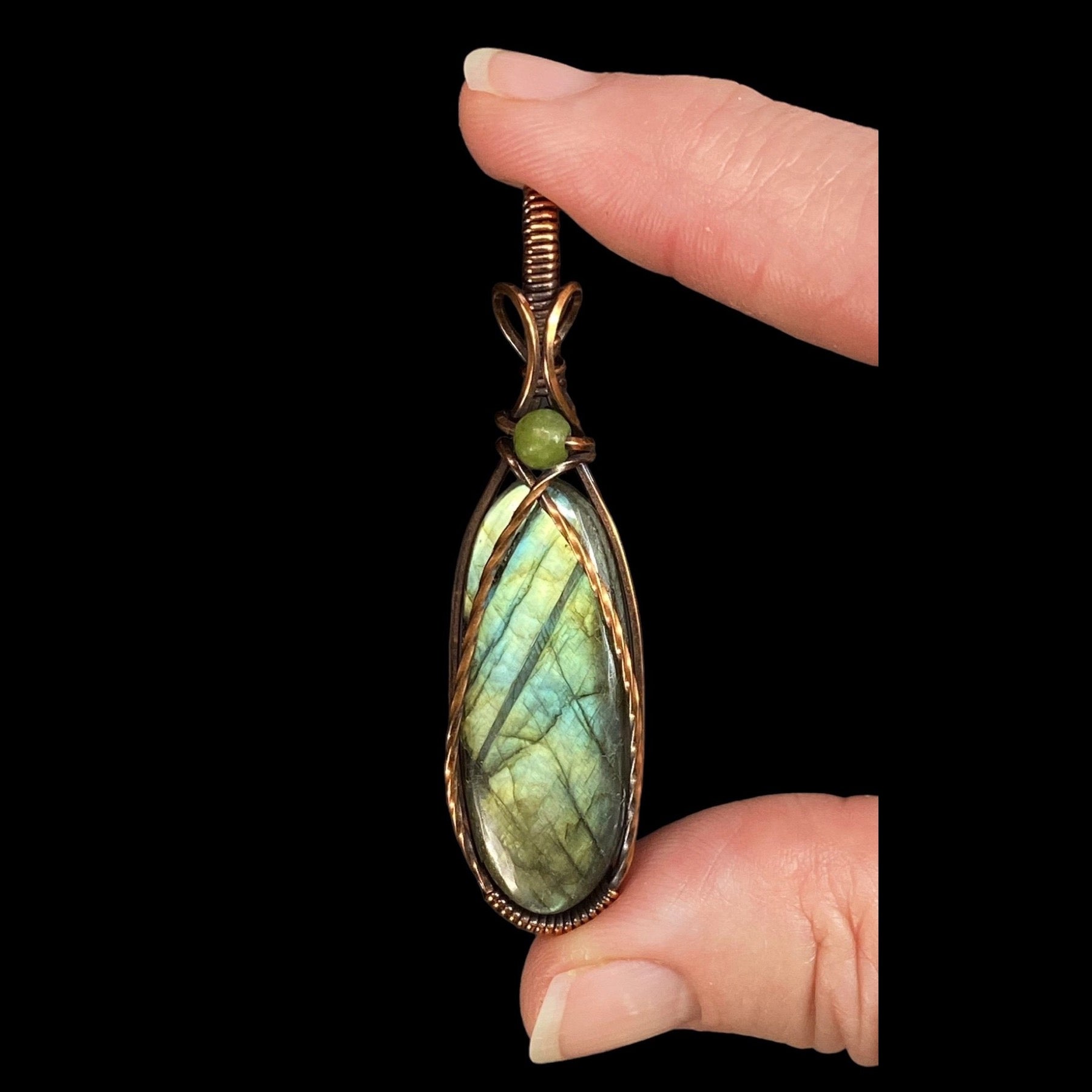 Labradorite & Copper Wire Wrapped Pendant with Nephrite Jade Accent Bead